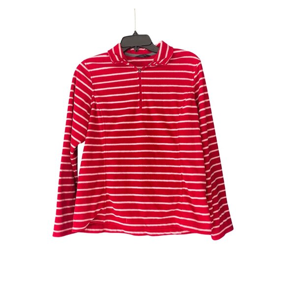 Lands End Red & White Striped Half-Zip Fleece Pullover Medium (10-12) 100% Polye - Picture 1 of 7